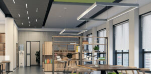 An office space with 2 Rail 1.5 S1 in grid patterns hanging over two tables